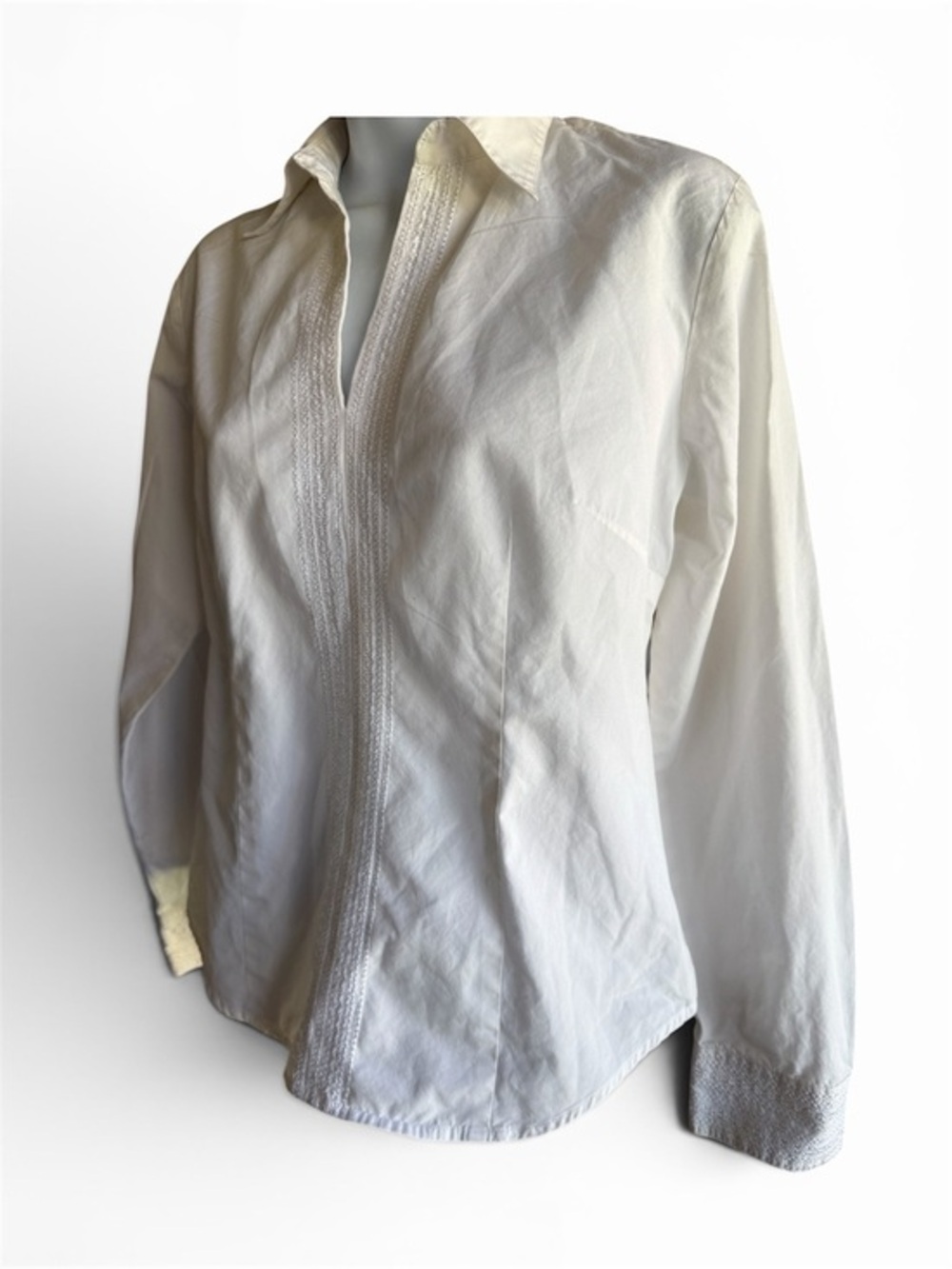 Vintage LOFT White Embroidered V Neck Cuffs Collared Side Zip Fitted Cotton Top